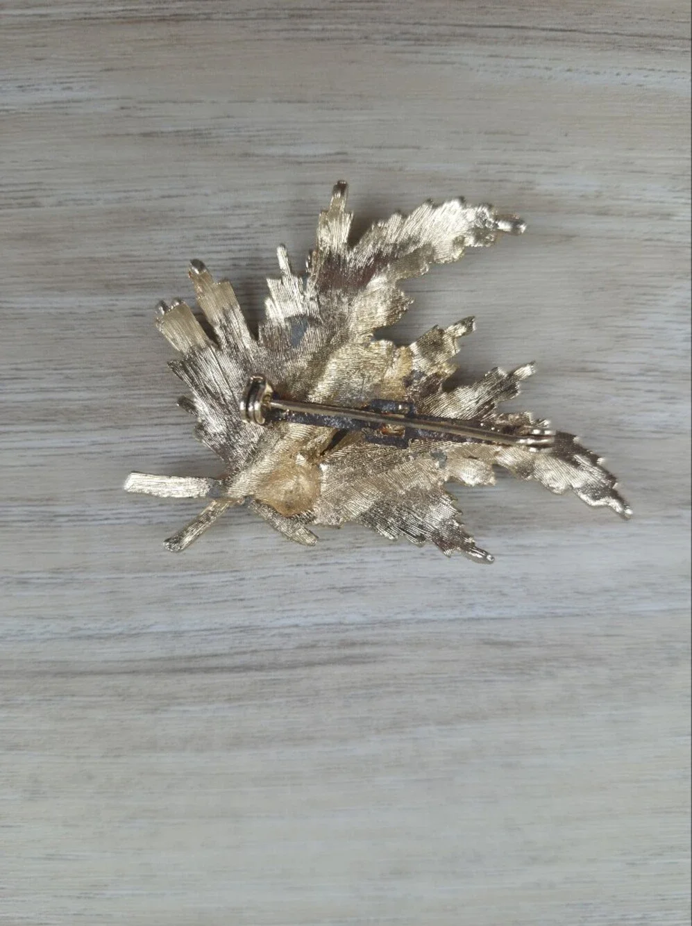Vintage Gold Leaf Brooch Pin Textured Mid Century Statement Costume Jewelry